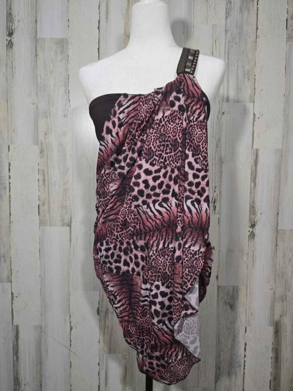 Marineblu Dress Size Medium One Shoulder Animal Print Ruched Bodycon Cocktail E3